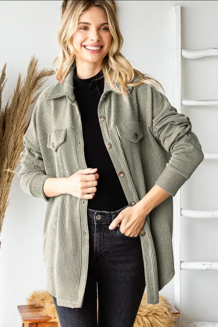 Rib Drop Shoulder Patch Pockets Button Down Shacket  image 1
