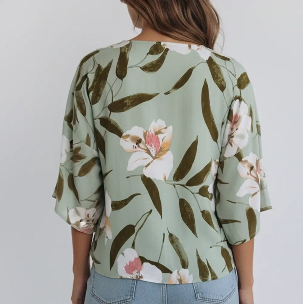Floral Tie Front Bell Sleeve Cropped Kimono image 3