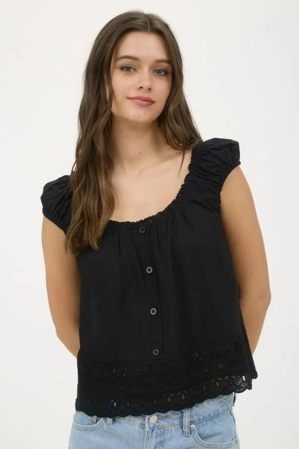 Eyelet Lace Trim Short Sleeve Button Down Blouse image 2