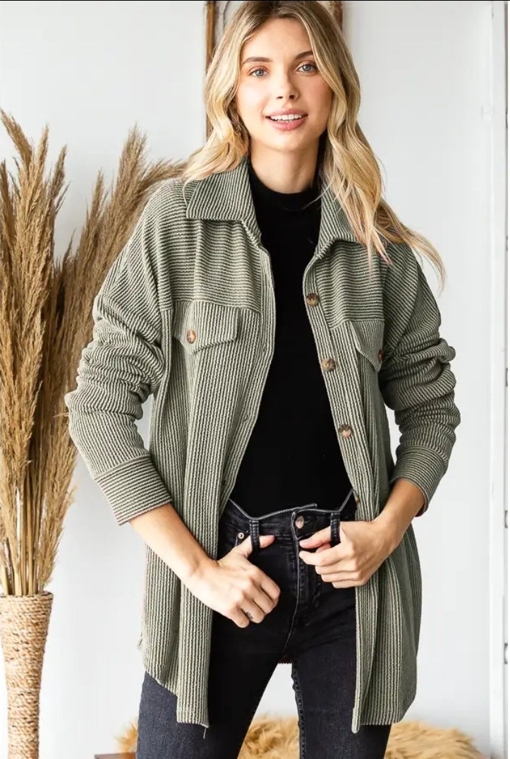 Rib Drop Shoulder Patch Pockets Button Down Shacket  image 0