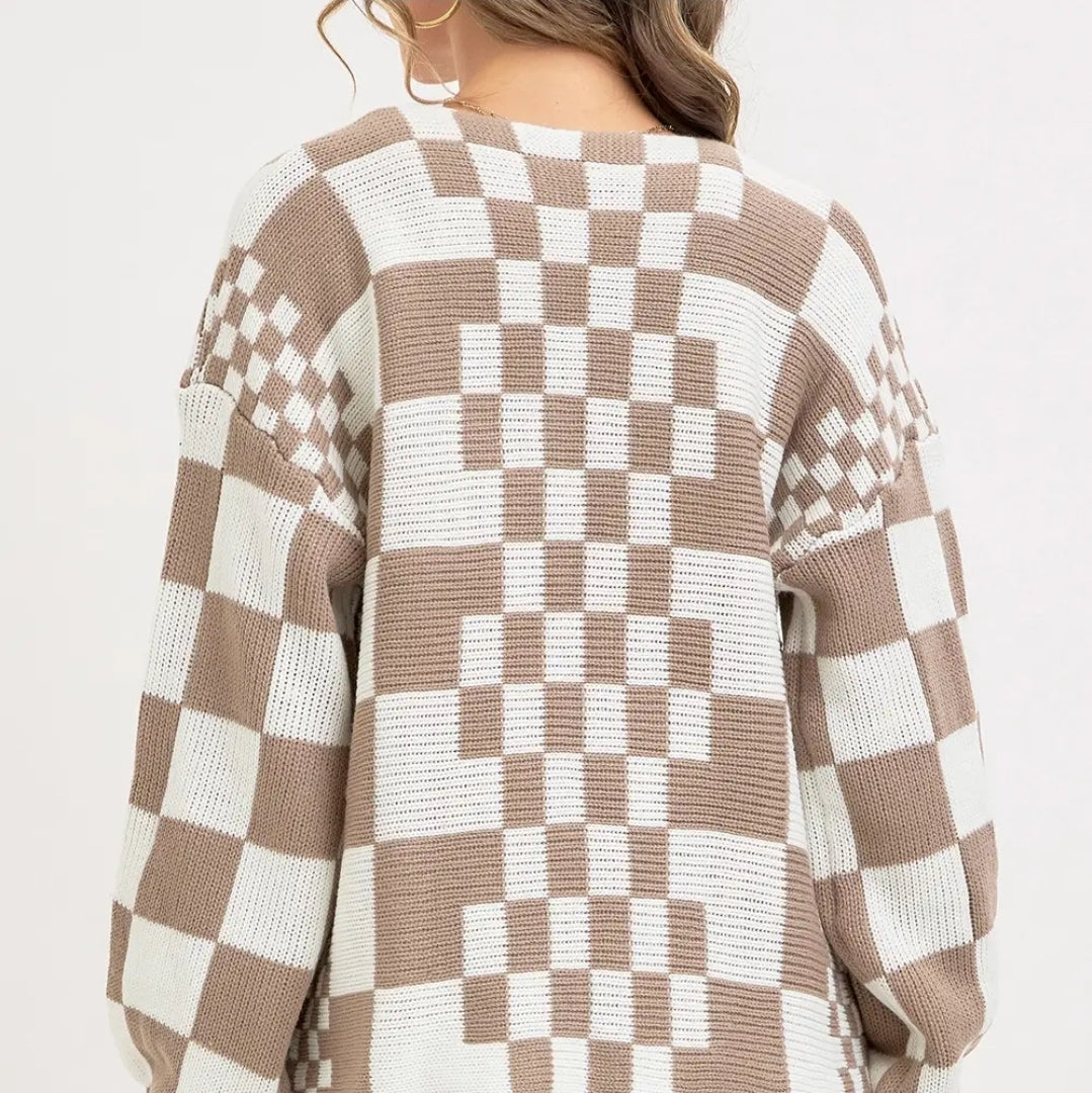 Mixed Checkered Knit Open Front Cardigan image 4