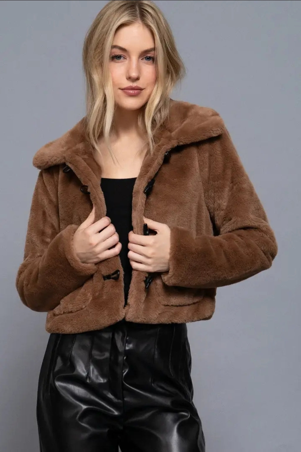 Long Sleeve Collar with Toggle Button Fur Duffle Jacket image 7