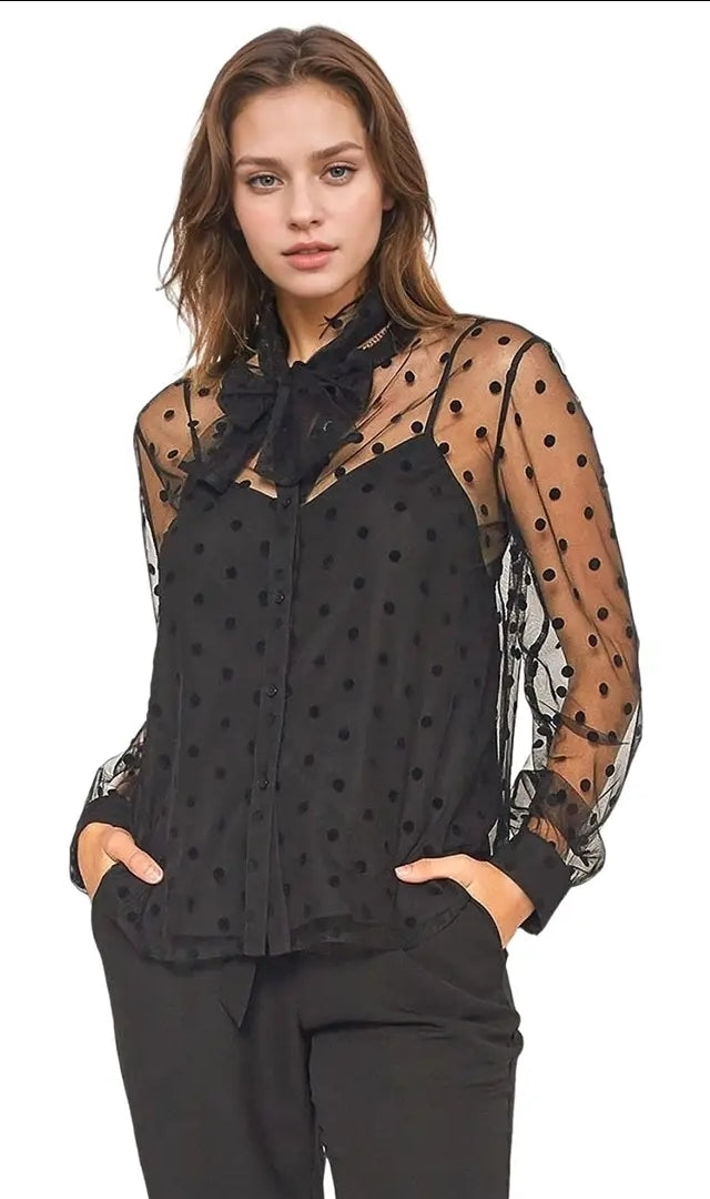 Women's Polkadot Mesh Blouse with Cami  image 1