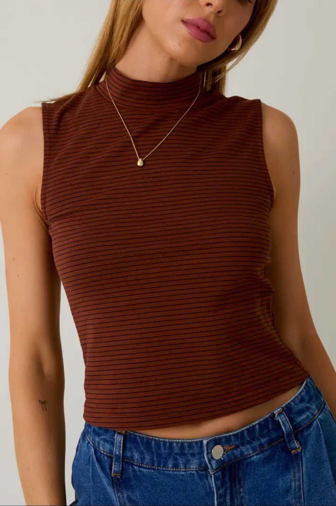 Mock Neck Sleeveless Stripe Knit Top image 1