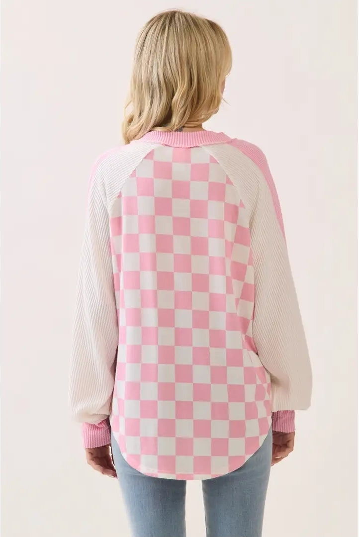 Checkered Print V Neck Pullover Top image 2