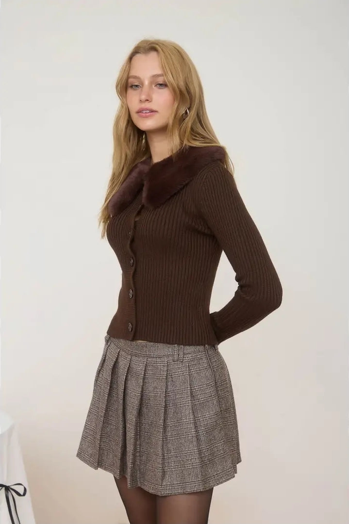 Faux Fur Collar Button Down Sweater Knit Cardigan image 1