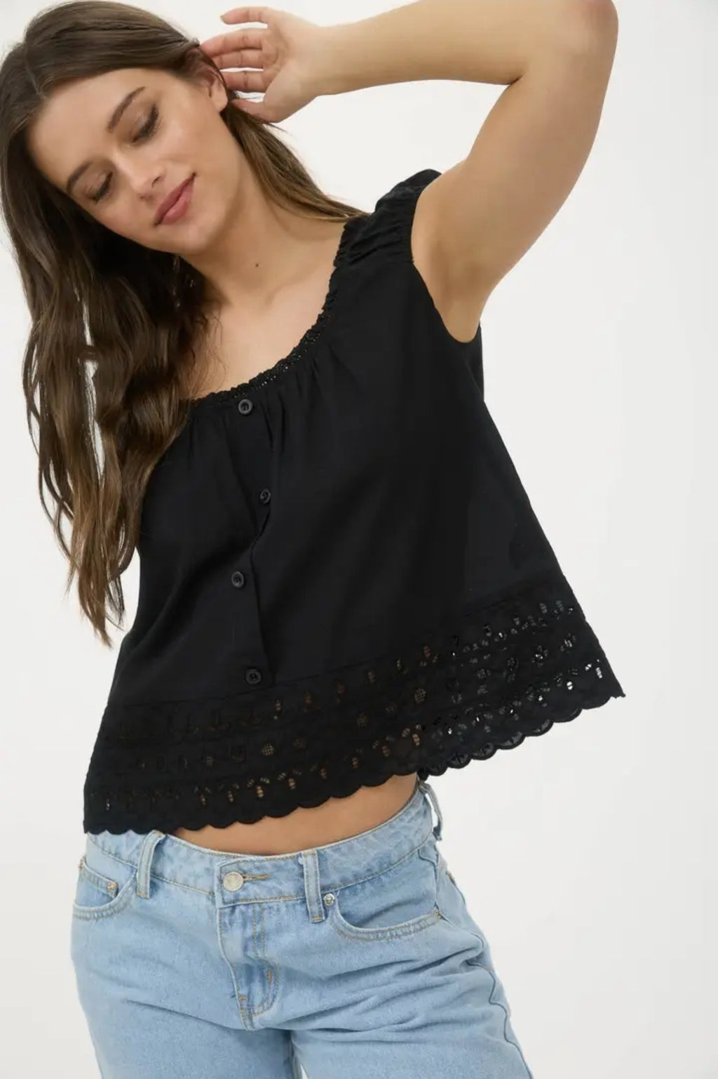 Eyelet Lace Trim Short Sleeve Button Down Blouse image 0