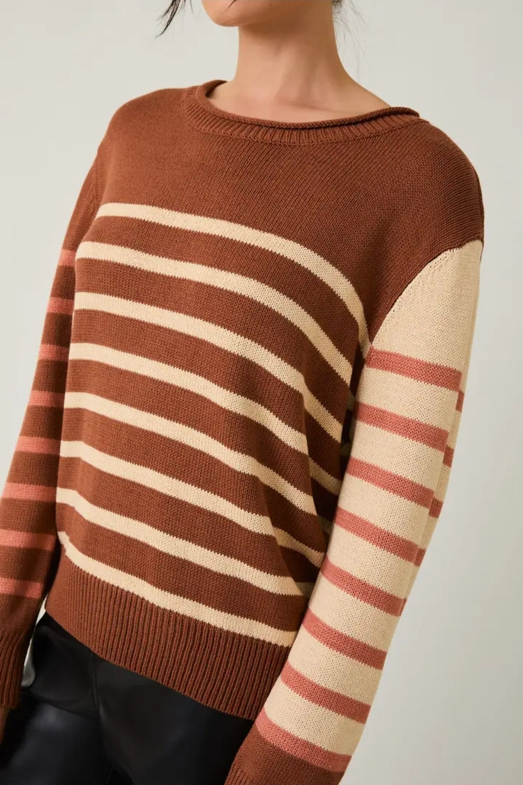 Round Neck Long Sleeve Stripe Light Weight Sweater image 8