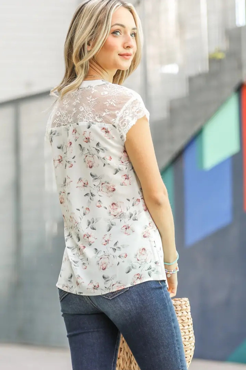 Floral Print and Lace Cap Sleeve Top image 3