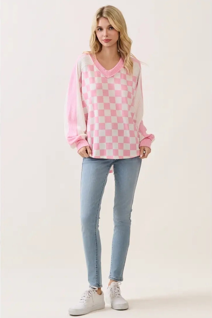 Checkered Print V Neck Pullover Top image 0