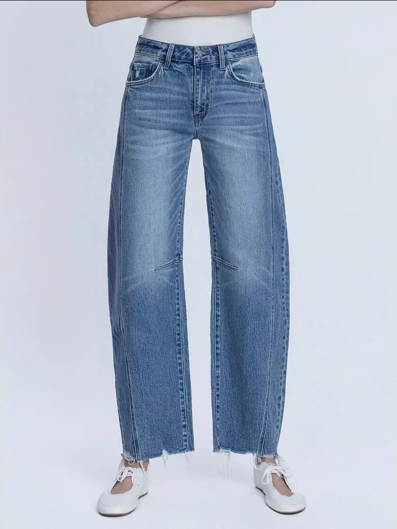 High Rise Raw Hem Seam Detail Barrel Jeans image 0