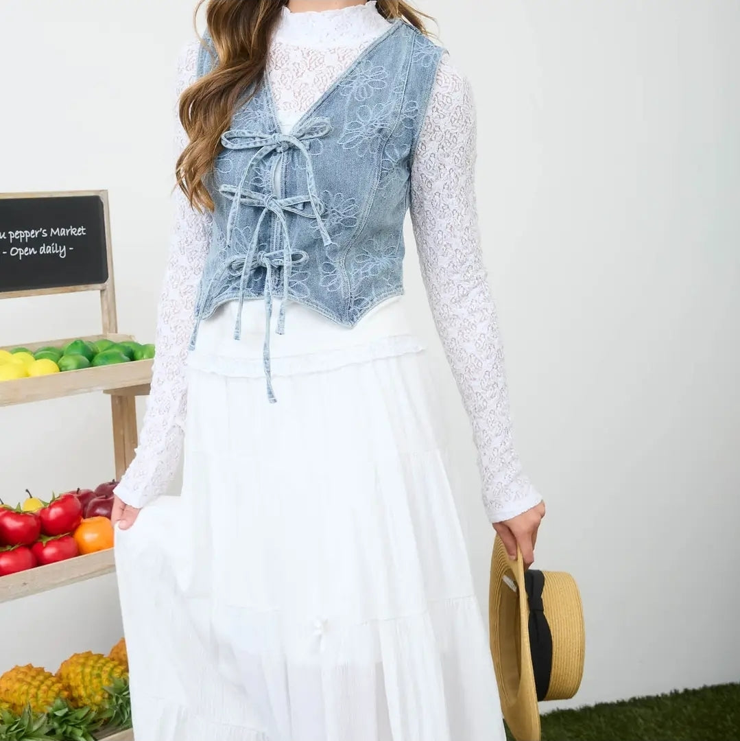 Floral Washed Denim Pattern Front Tie Vest image 0