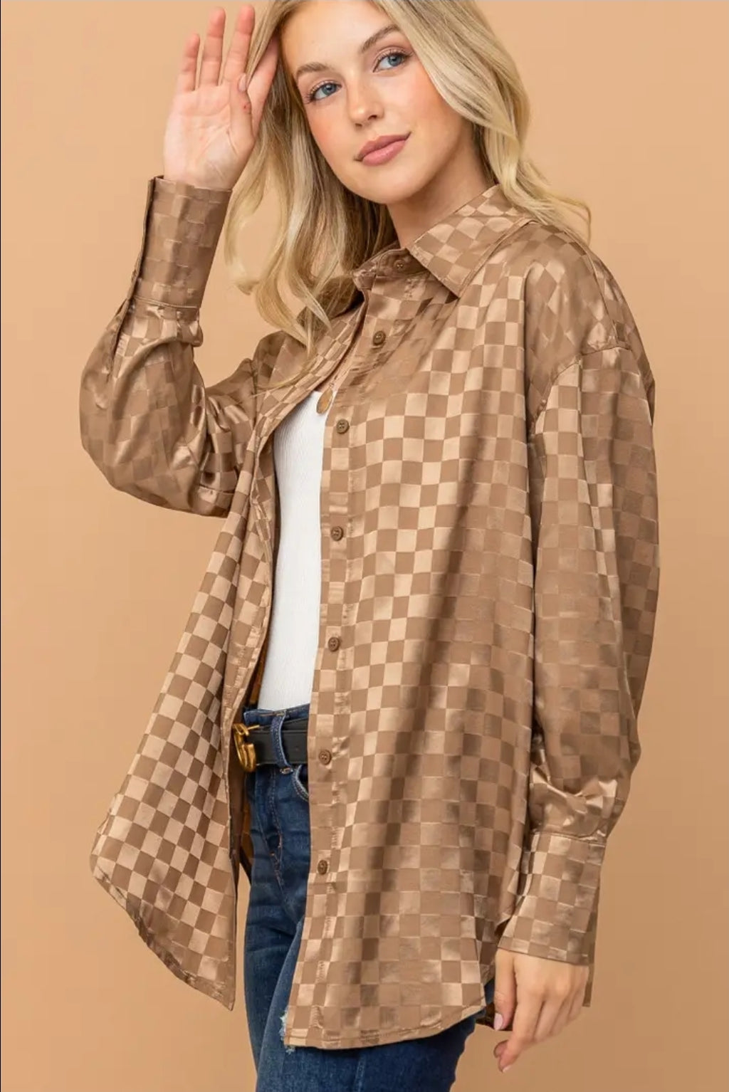 Checkerboard Satin Loose Fit Casual Shirts Top image 1