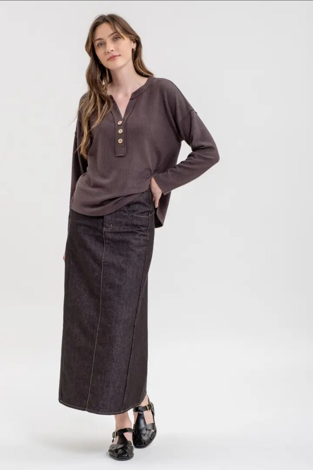 Half Button V Neck Long Sleeve Knit Top image 1
