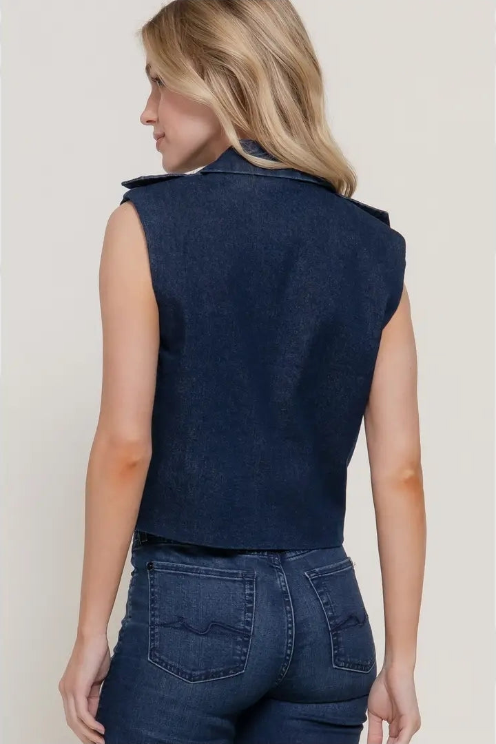 Lapel Collar Double Breasted Button Stretch Denim Vest image 3