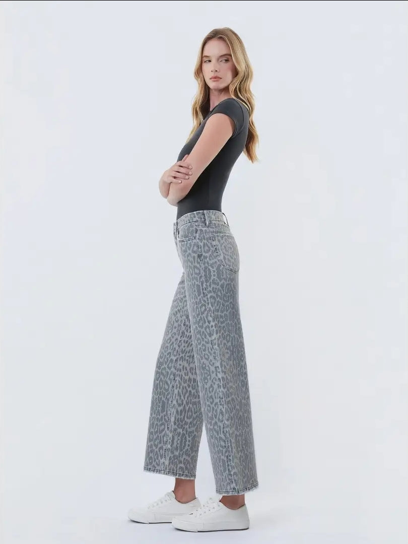 High Rise Grey Leopard Print Crop Wide Leg Jeans image 2