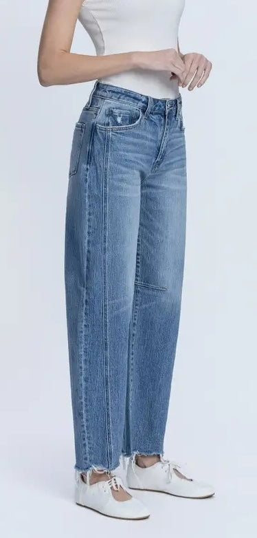 High Rise Raw Hem Seam Detail Barrel Jeans image 1