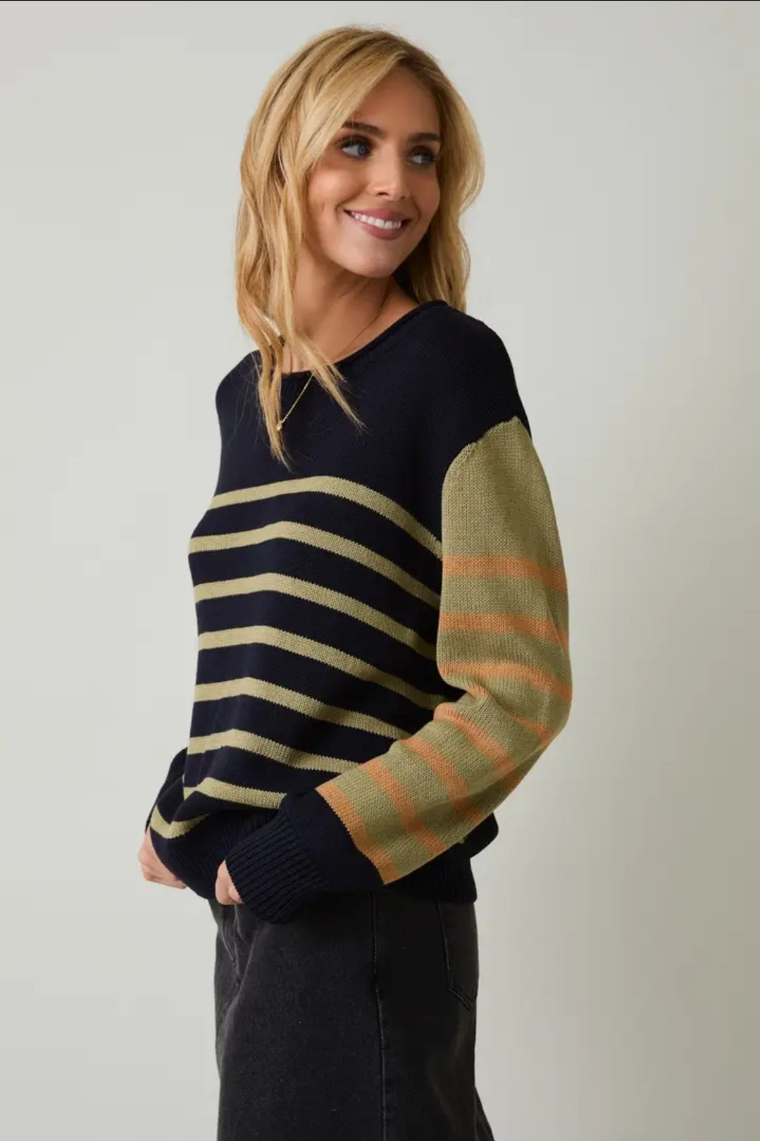 Round Neck Long Sleeve Stripe Light Weight Sweater image 2
