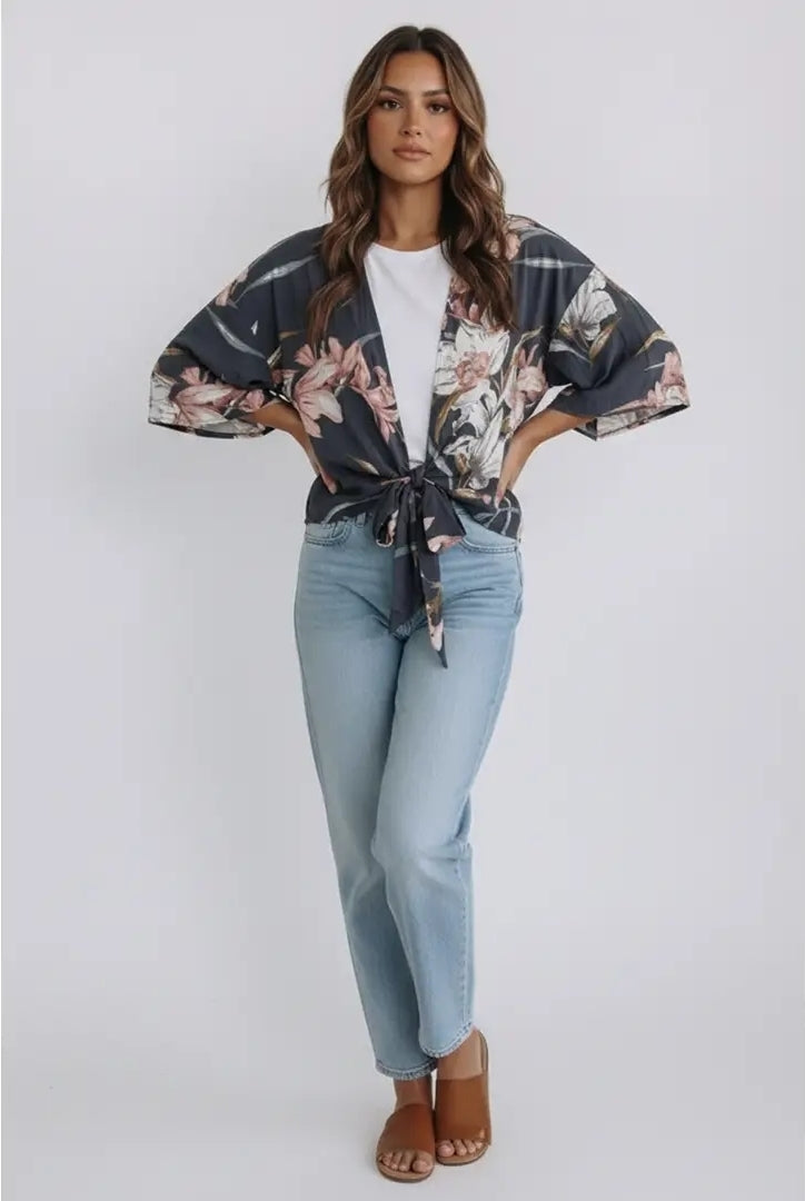 Floral Tie Front Bell Sleeve Cropped Kimono image 1