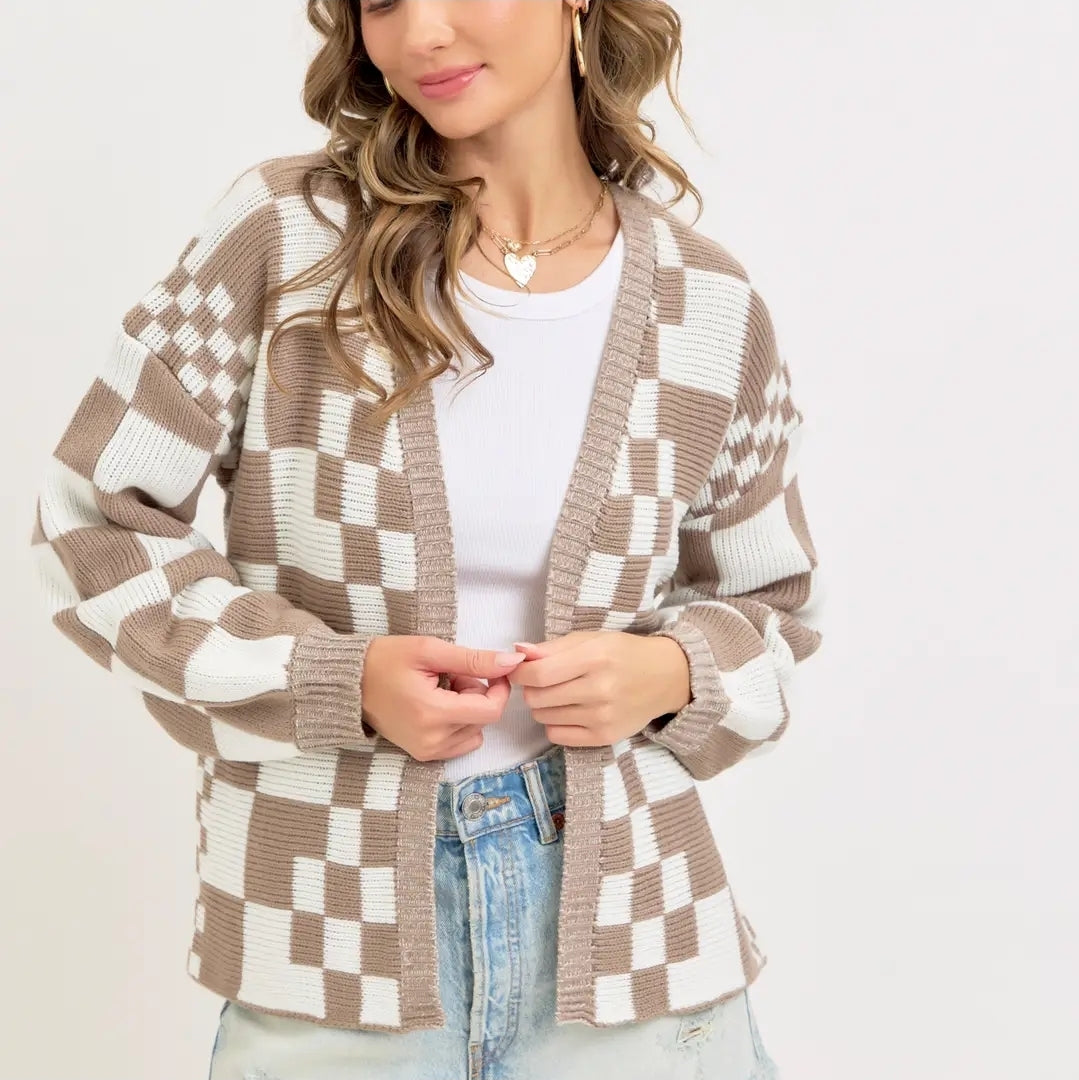 Mixed Checkered Knit Open Front Cardigan image 1