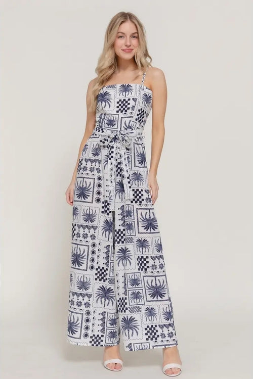 Adjustable Strap Wide Leg Printed Linen Effect Jumpsuit image 0