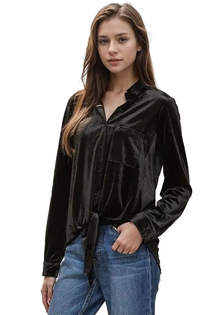 Women's Button Down Velvet Shirt Blouse  image 4
