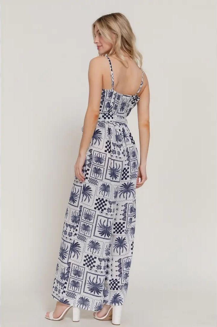 Adjustable Strap Wide Leg Printed Linen Effect Jumpsuit image 2