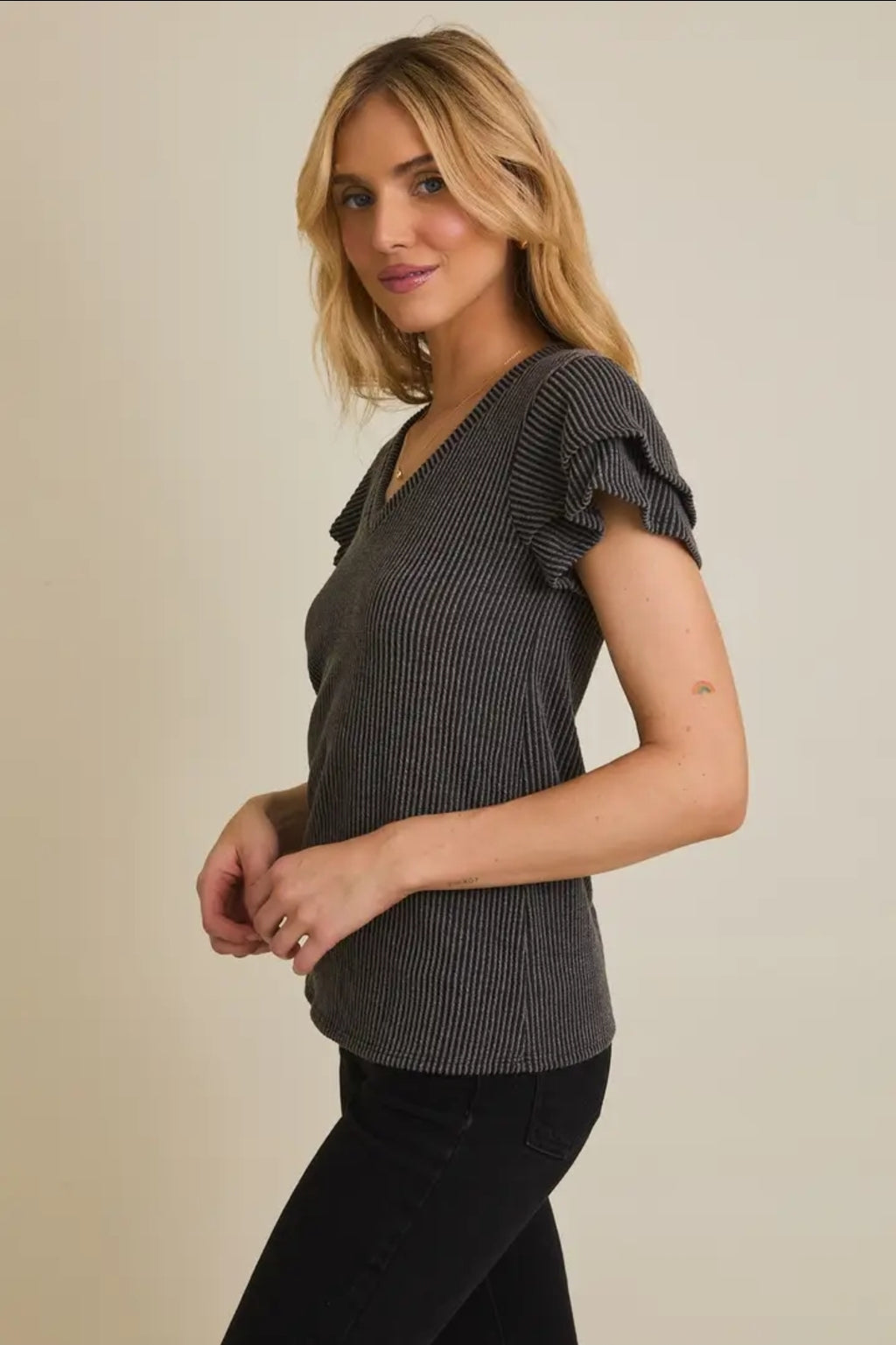 Short Double Layered Sleeve V Neck Top image 2