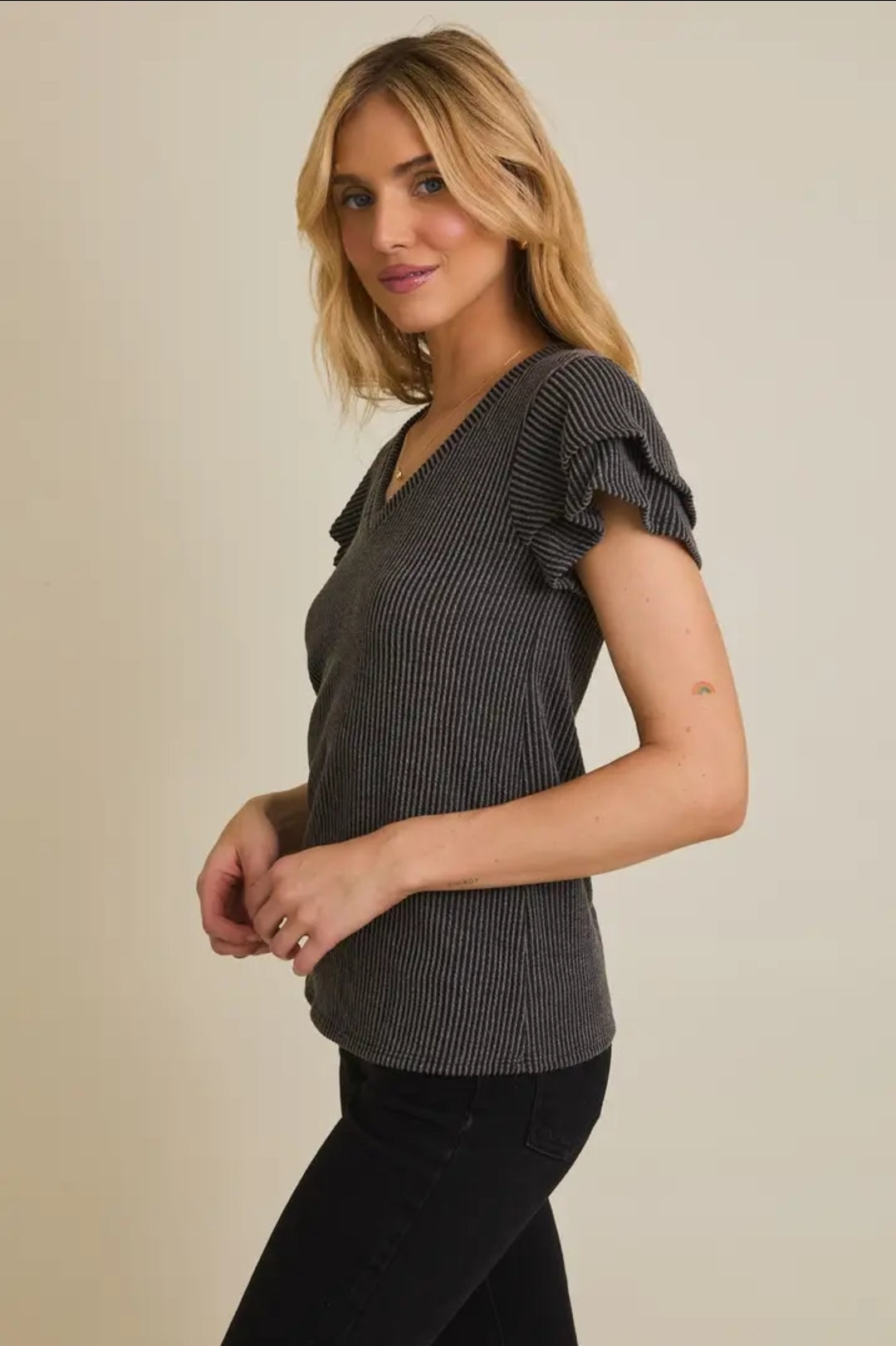 Short Double Layered Sleeve V Neck Top image 2
