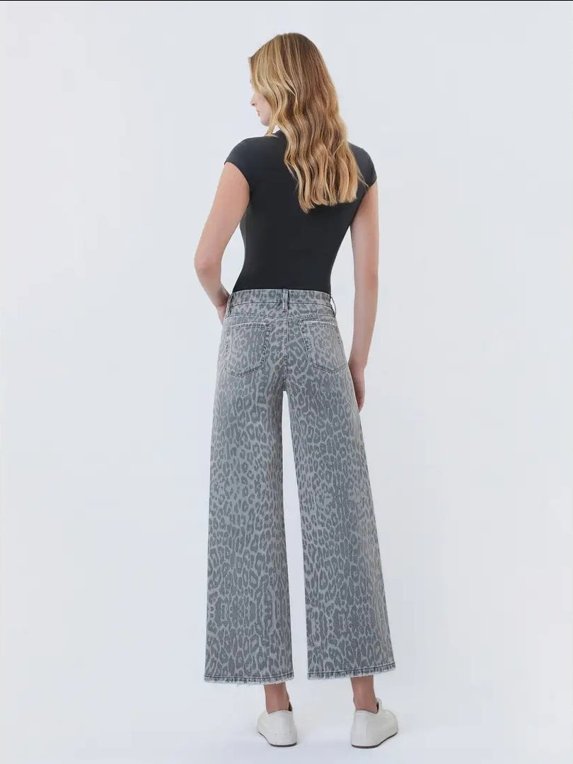 High Rise Grey Leopard Print Crop Wide Leg Jeans image 3