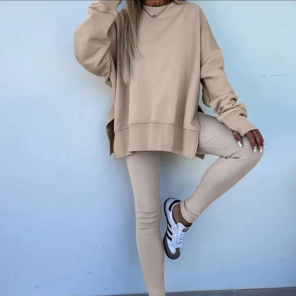 Solid Oversize Slit Sweatshirt with Ribbed Leggings Set image 1