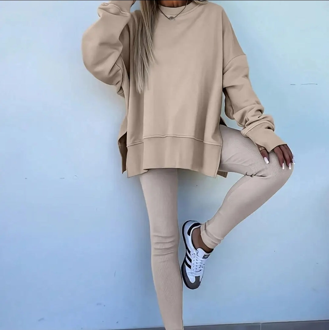 Solid Oversize Slit Sweatshirt with Ribbed Leggings Set image 1