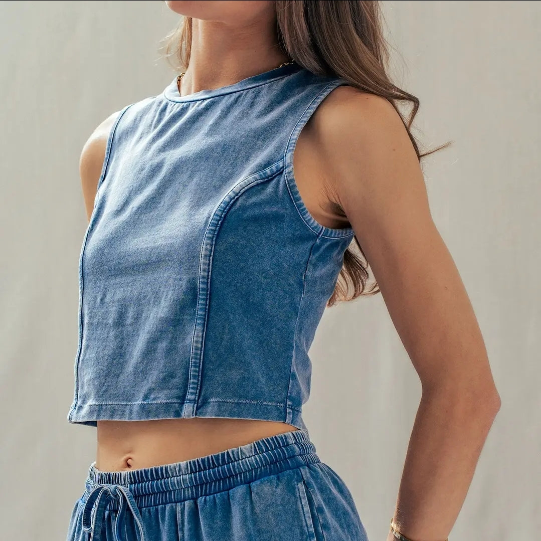 Mineral Wash Cotton Crop Tank & Wide Leg Pant Set image 0
