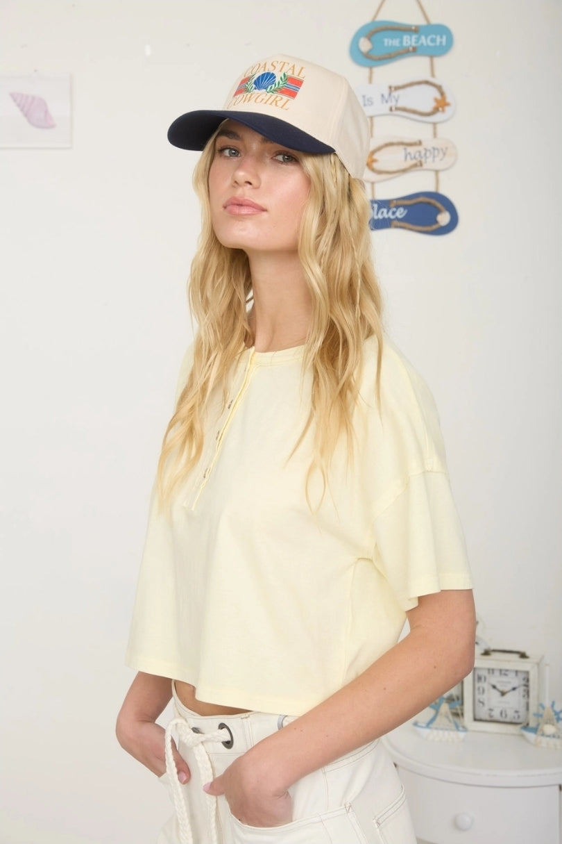 Boxy Short Sleeve Knit Henley Crop Top image 1