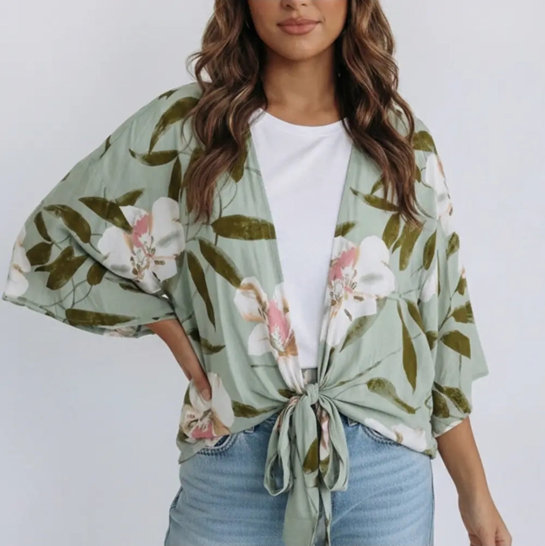 Floral Tie Front Bell Sleeve Cropped Kimono image 2