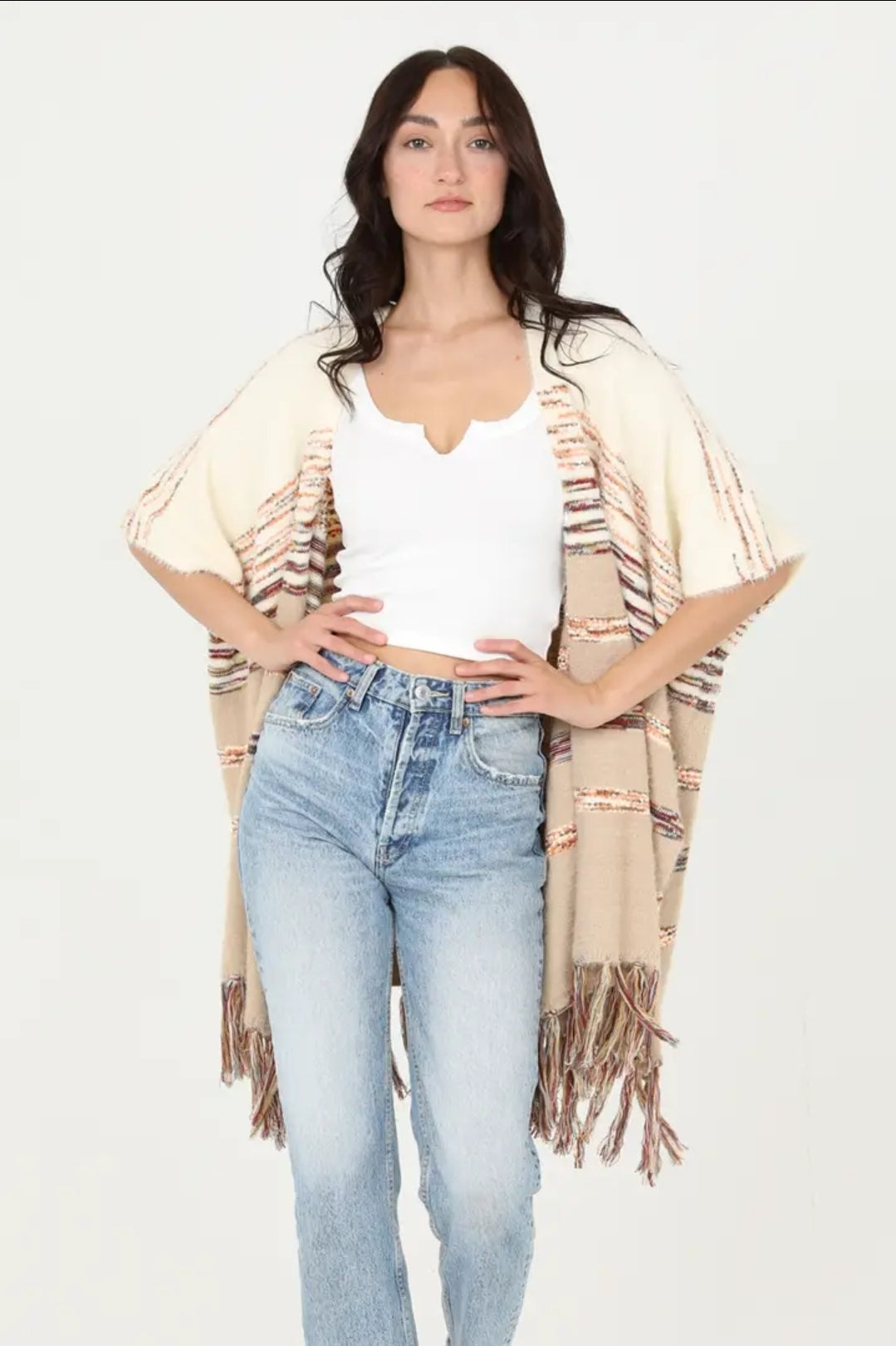Super soft kimono sleeve sweater poncho with fringe image 0