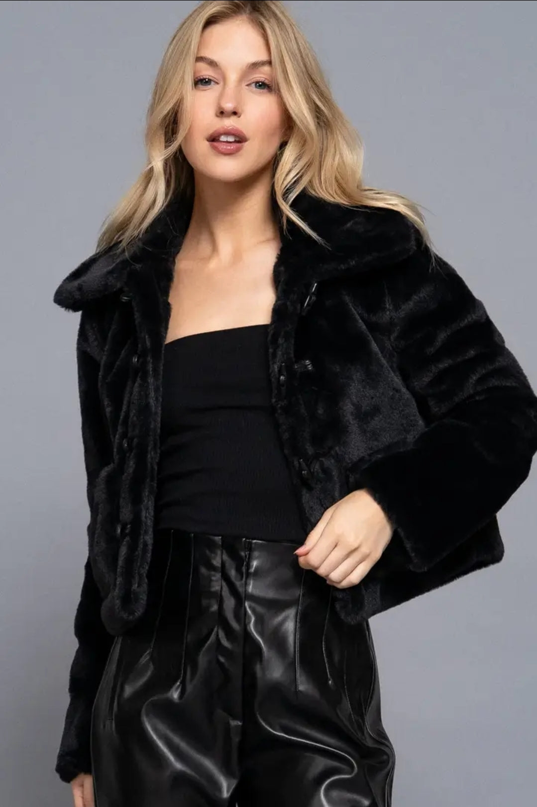 Long Sleeve Collar with Toggle Button Fur Duffle Jacket image 4