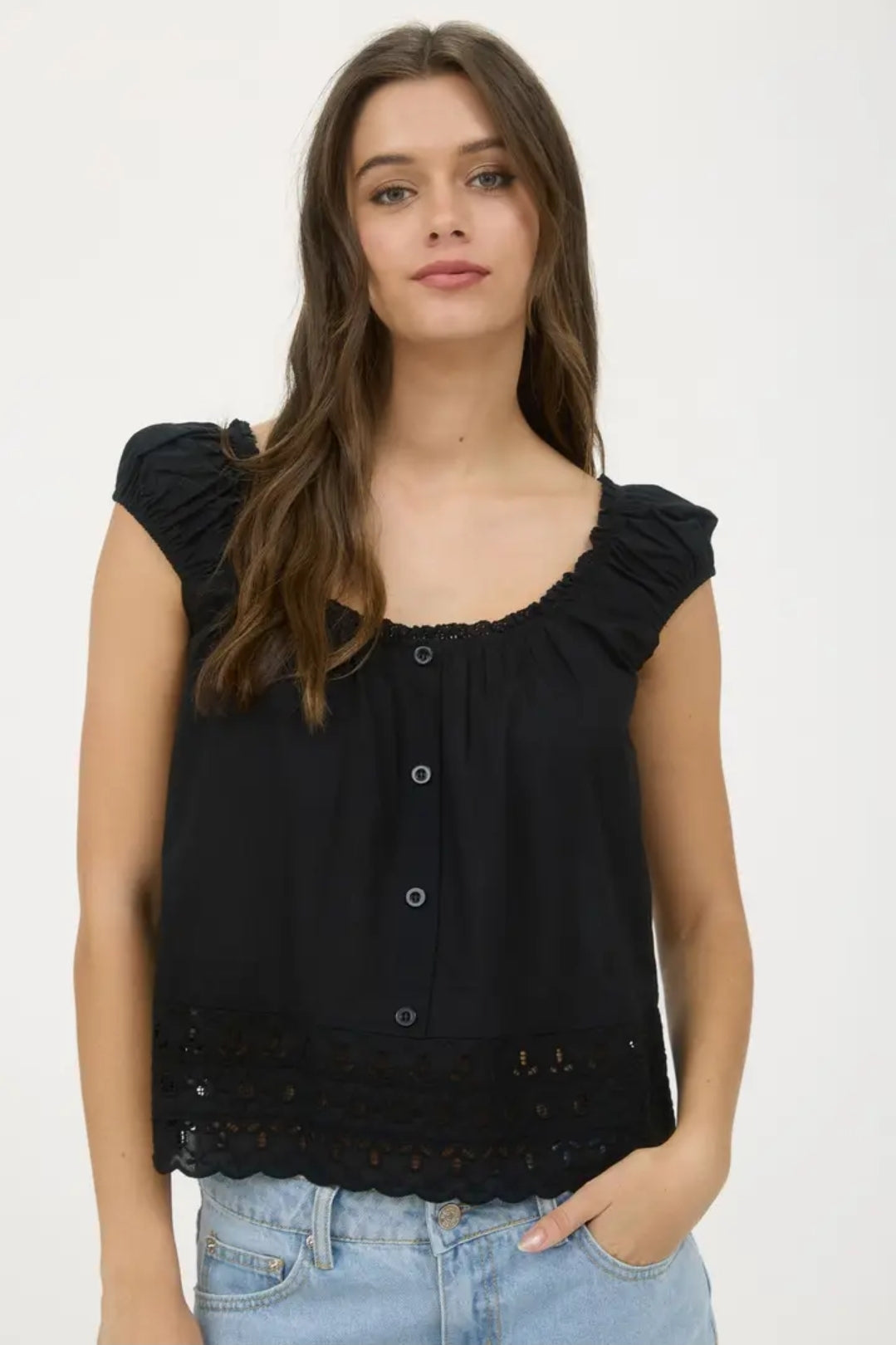 Eyelet Lace Trim Short Sleeve Button Down Blouse image 1
