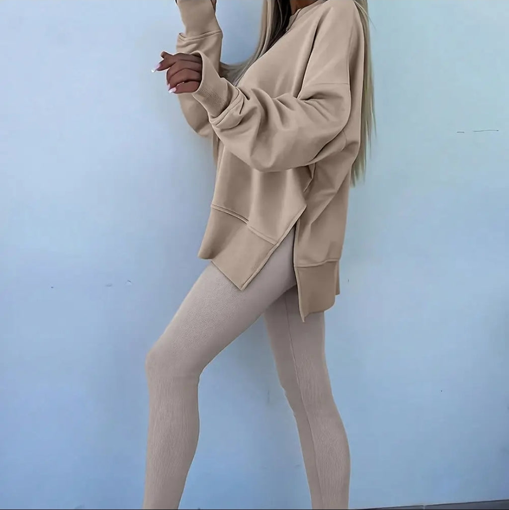 Solid Oversize Slit Sweatshirt with Ribbed Leggings Set image 3