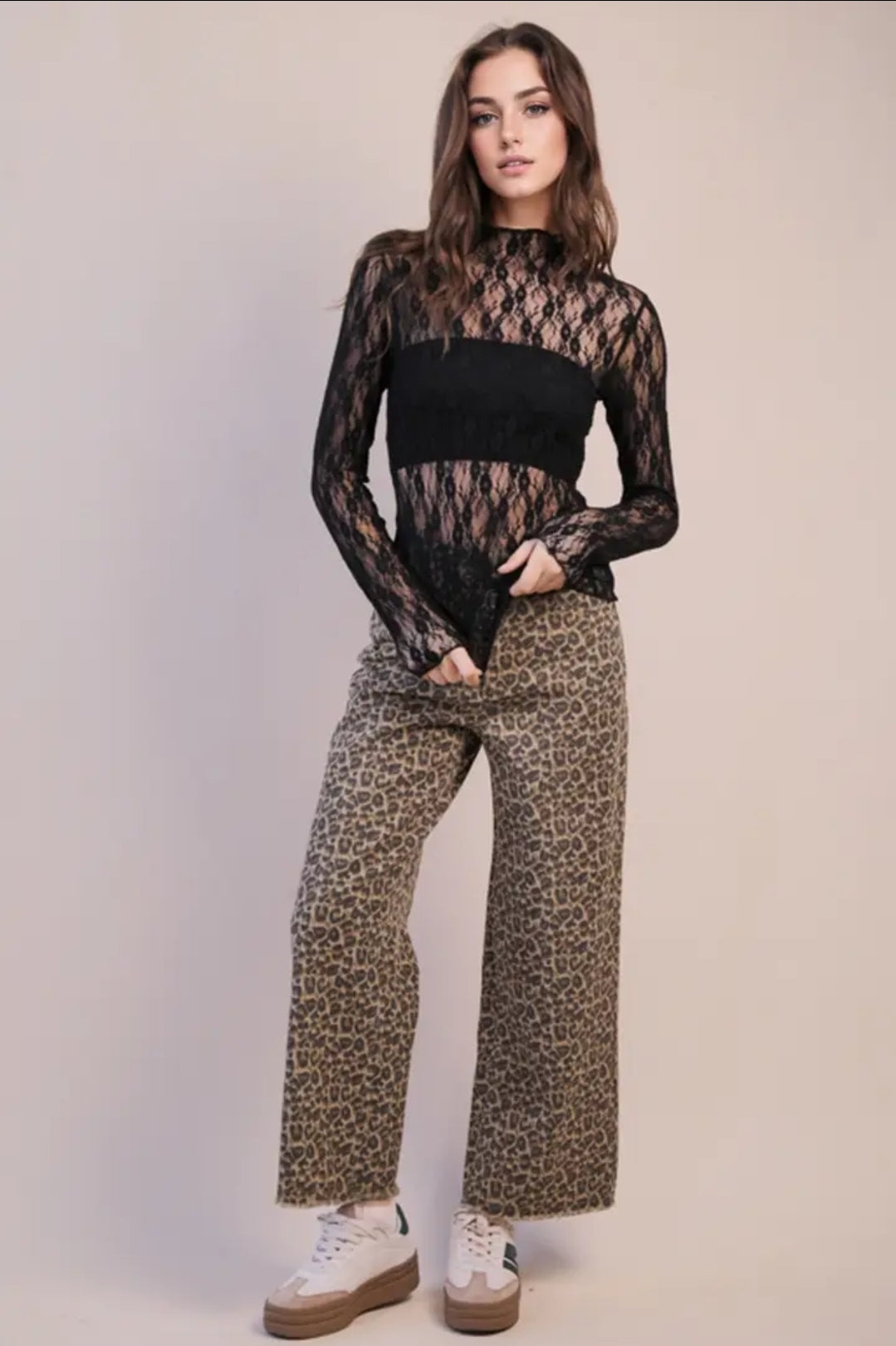 High Neck Fitted Sheer Mesh Lace Knit Top image 1