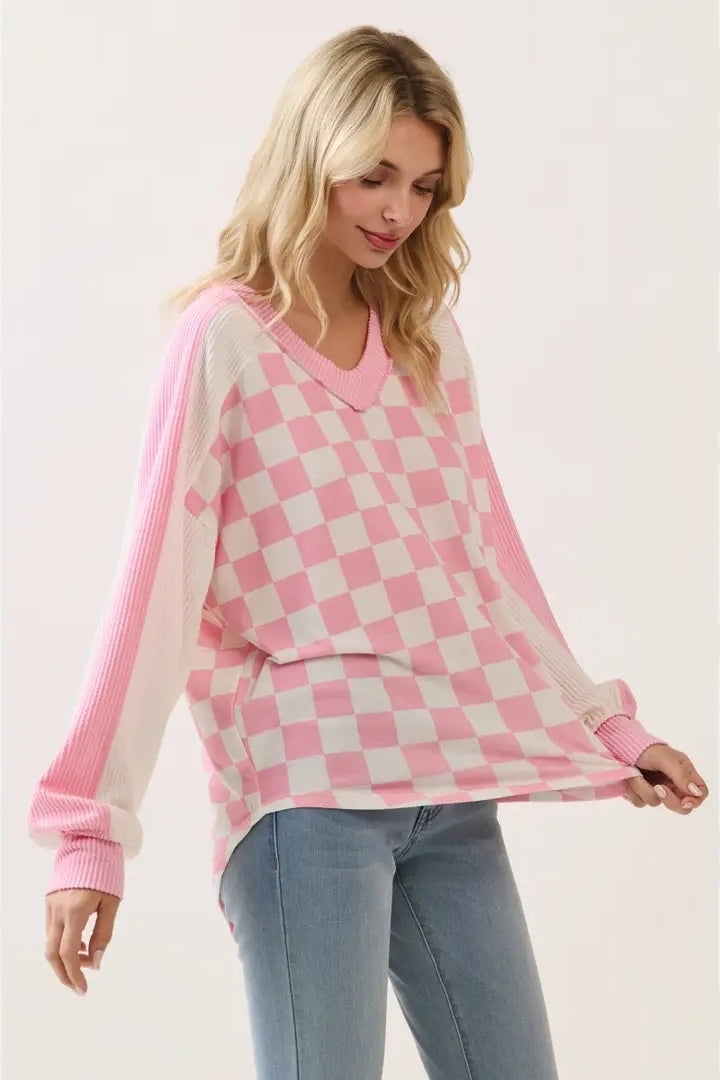 Checkered Print V Neck Pullover Top image 1