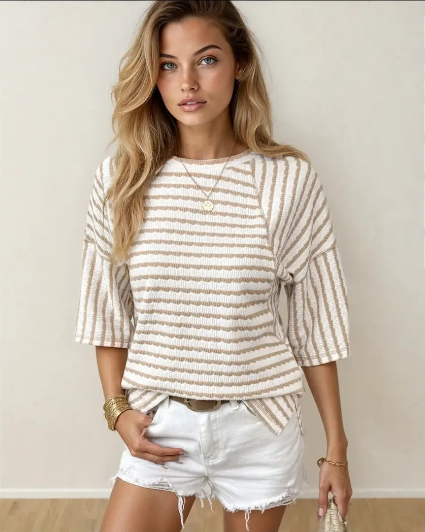 Noelle Textured Knit Split Hem Half Sleeve Top - Apricot image 1