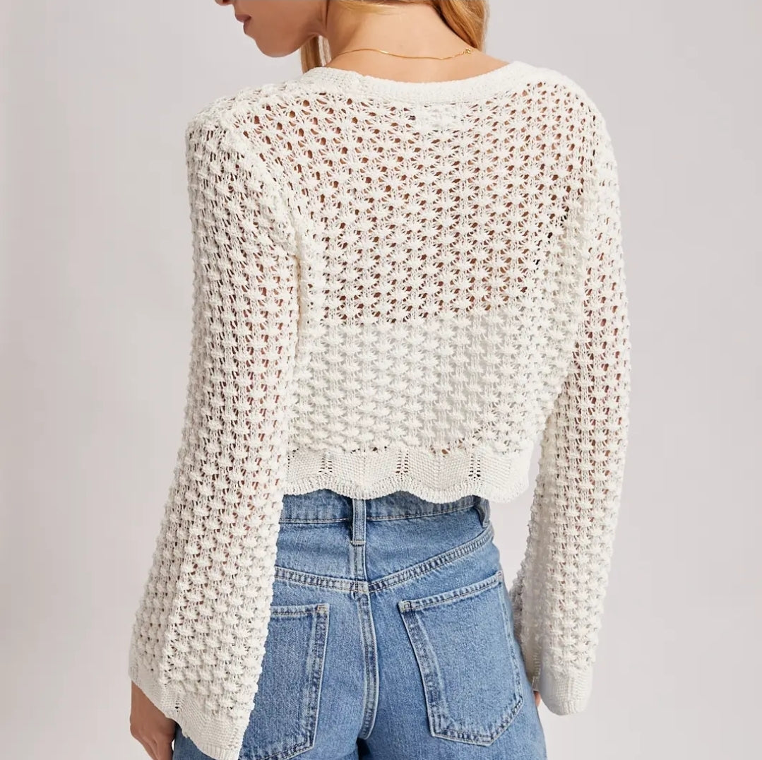 Open Knit Crochet Front-Tie Cropped Cardigan image 3