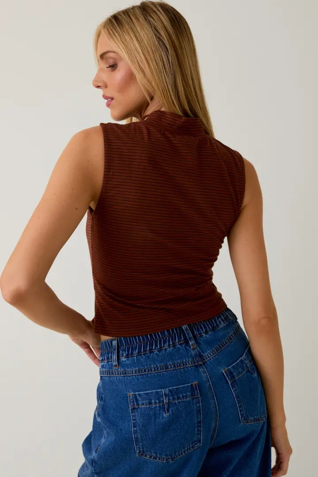 Mock Neck Sleeveless Stripe Knit Top image 3