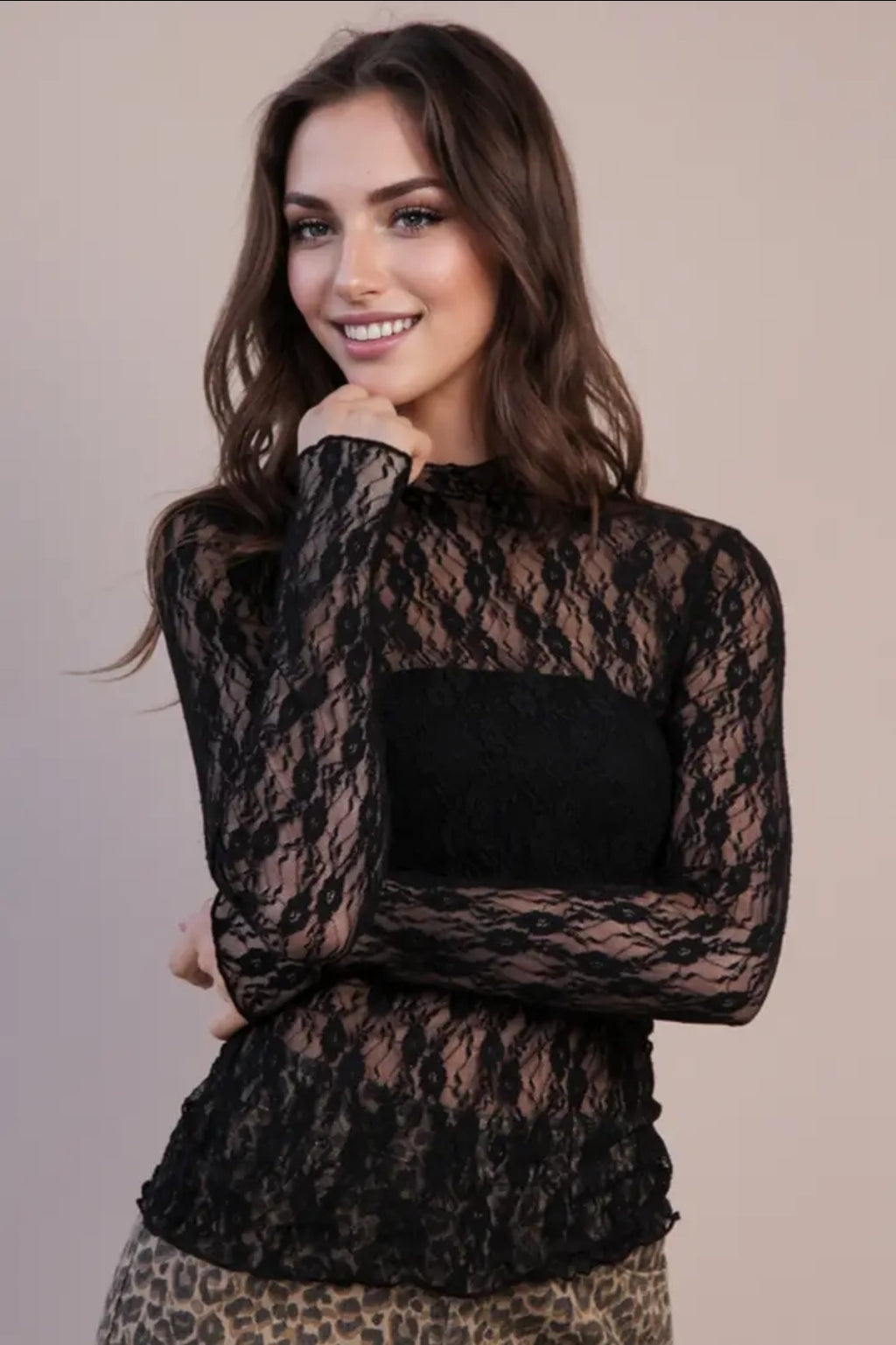 High Neck Fitted Sheer Mesh Lace Knit Top image 0