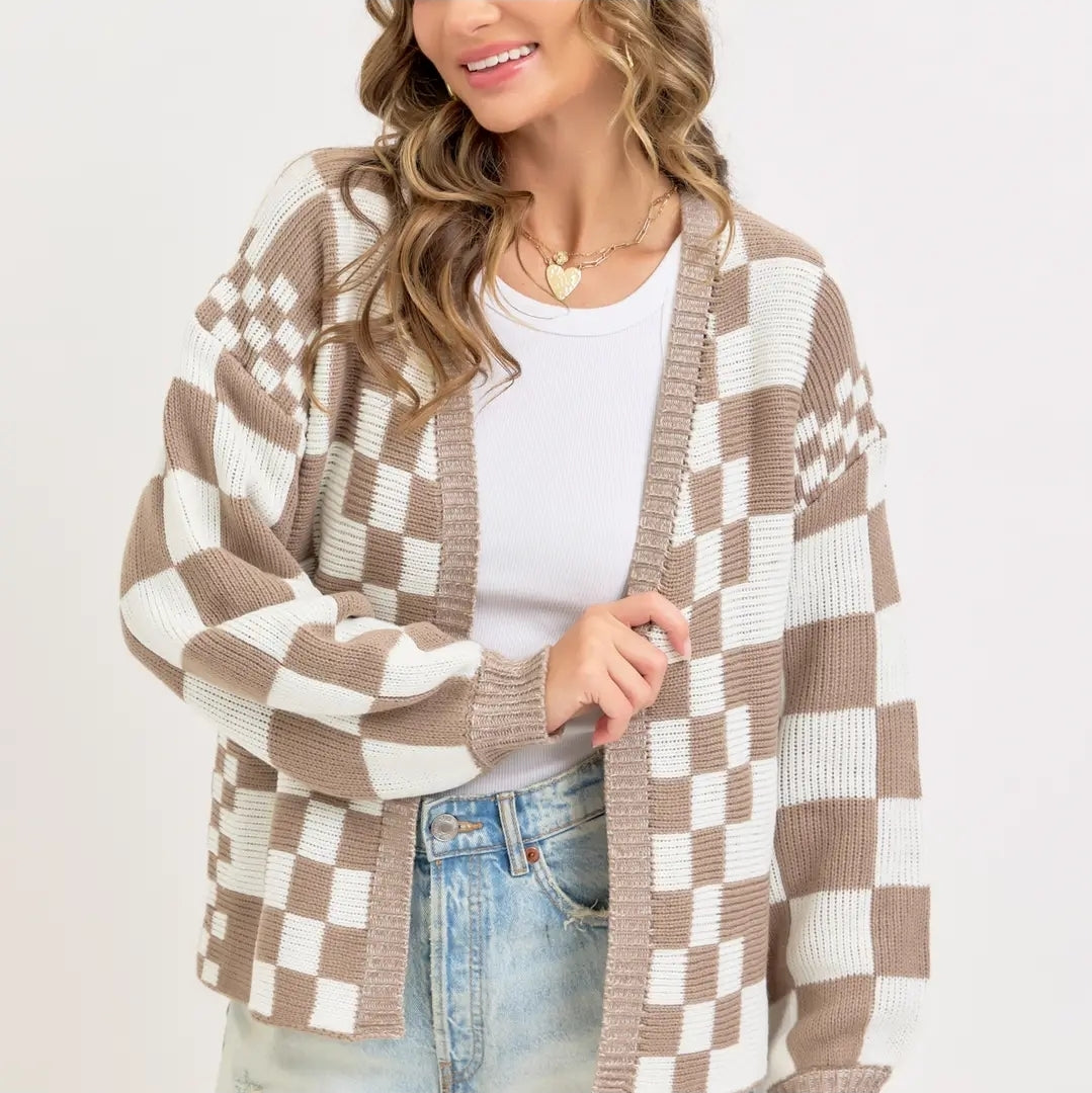 Mixed Checkered Knit Open Front Cardigan image 2
