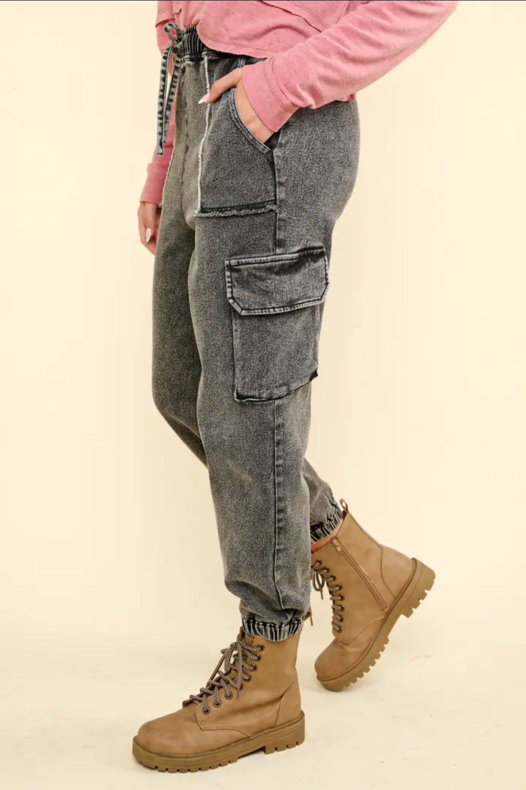 Washed Denim Jogger Cargo Pants Jeans image 1