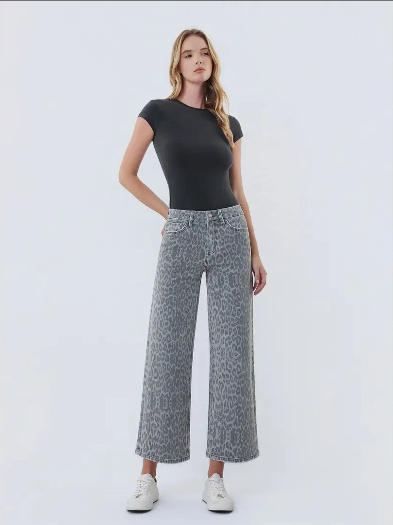 High Rise Grey Leopard Print Crop Wide Leg Jeans image 1