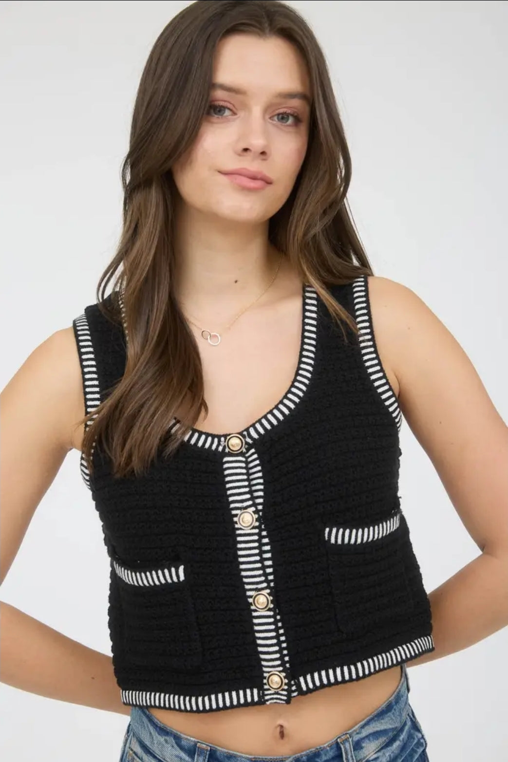 Stripe Trim Gold Button Cropped Sweater Vest image 2