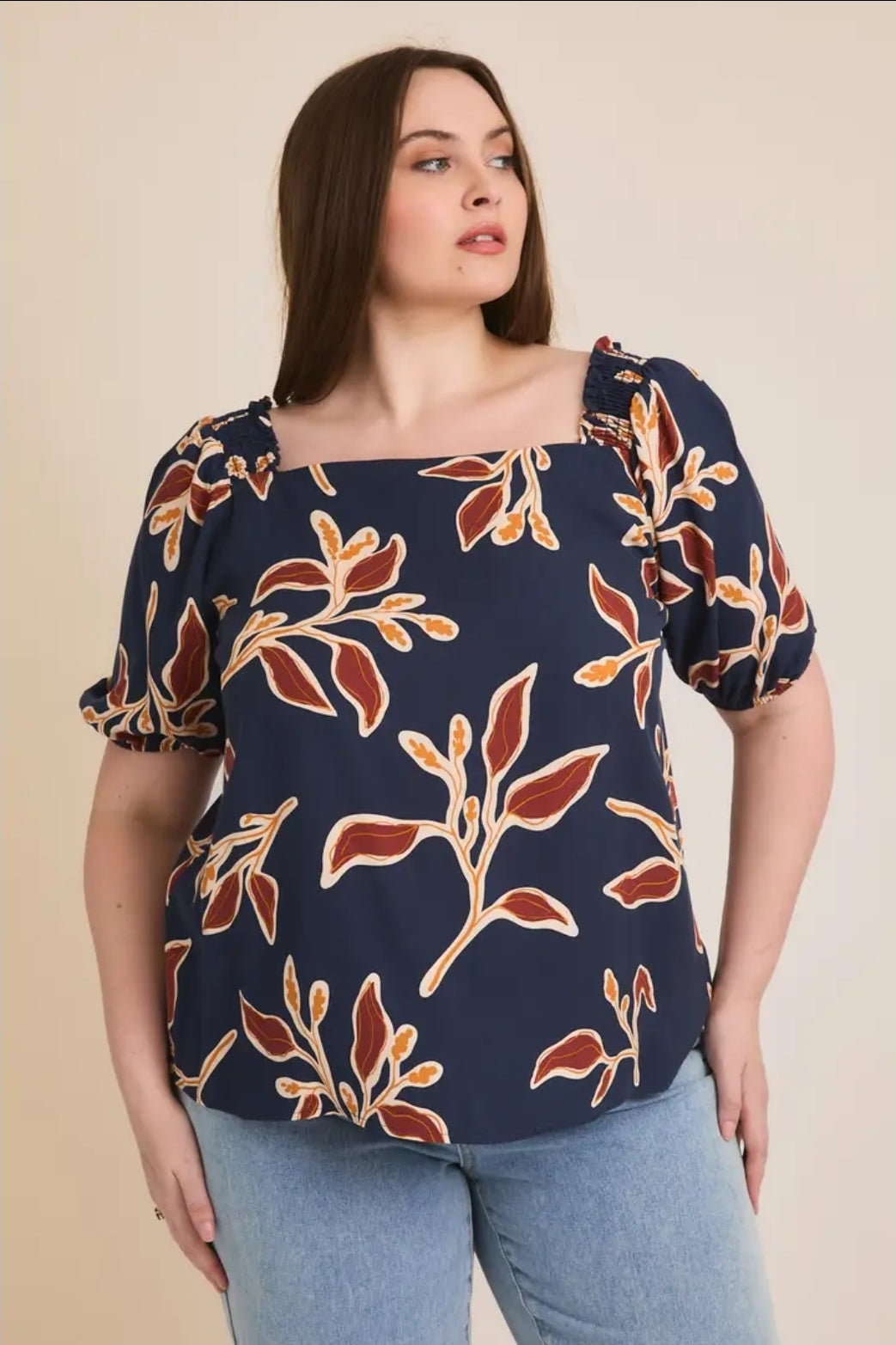 Square Neck Smocked 3/4" Sleeve Floral Print Top image 0